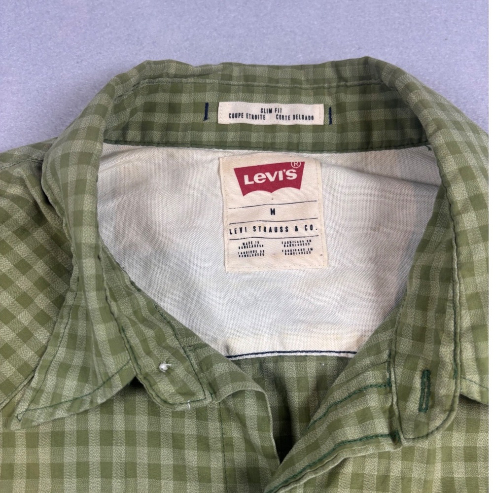 Levis Mens Slim Fit Western Shirt Green Gingham Pearl Snap Long Sleeve Medium
